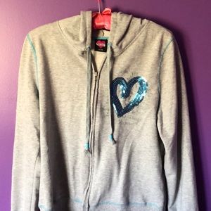 Gray hoodie with blue sequins heart and blue trim